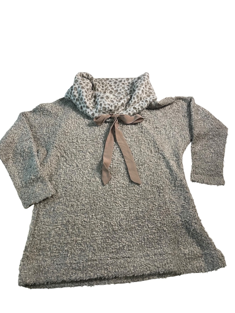 A'Reve tan and cream Bouclé Cowl‎ Sweater with Leopard-Trim and Ribbon